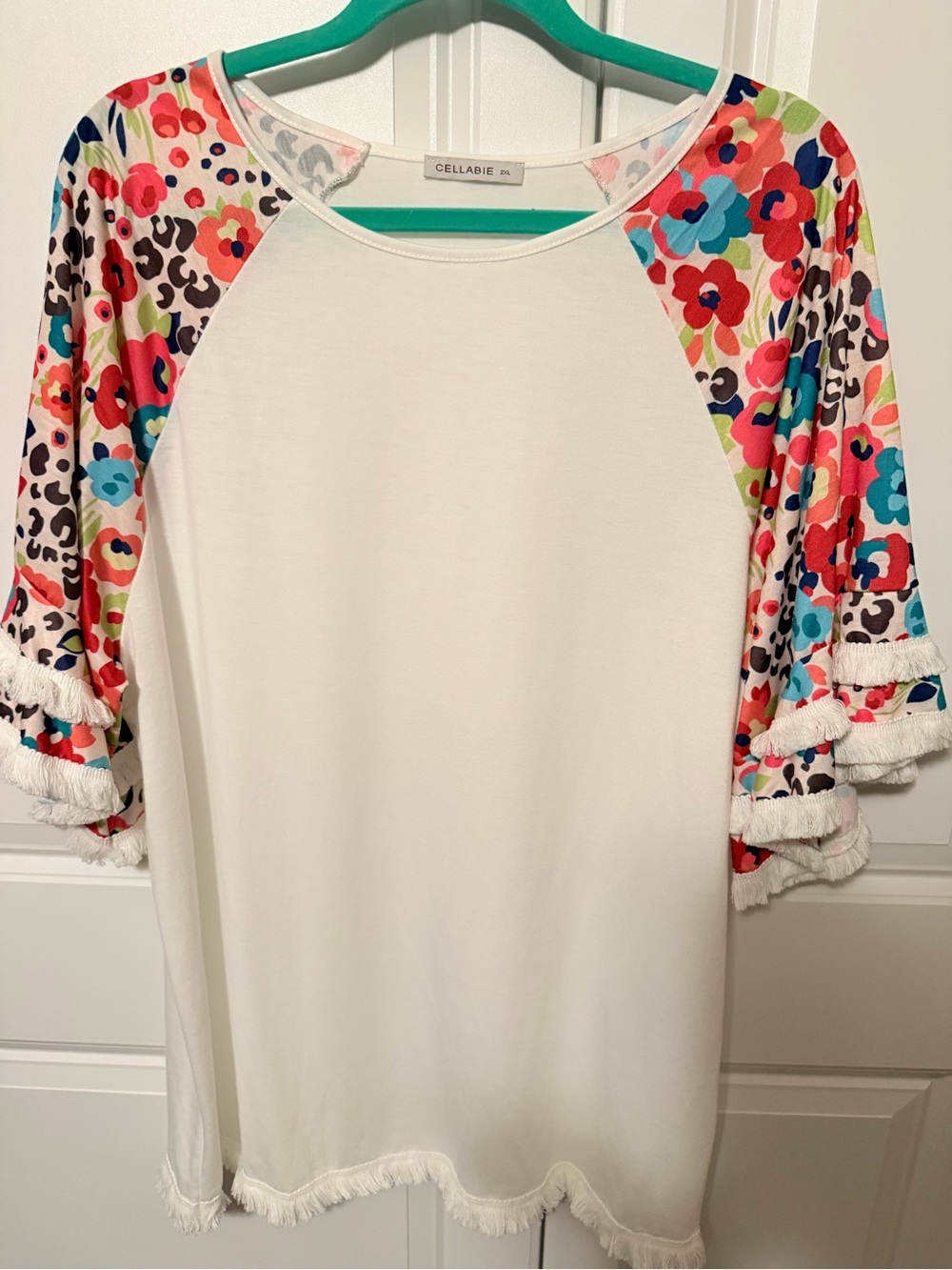 Cellabie White Raglan Top with Multicolor Floral Sleeves
